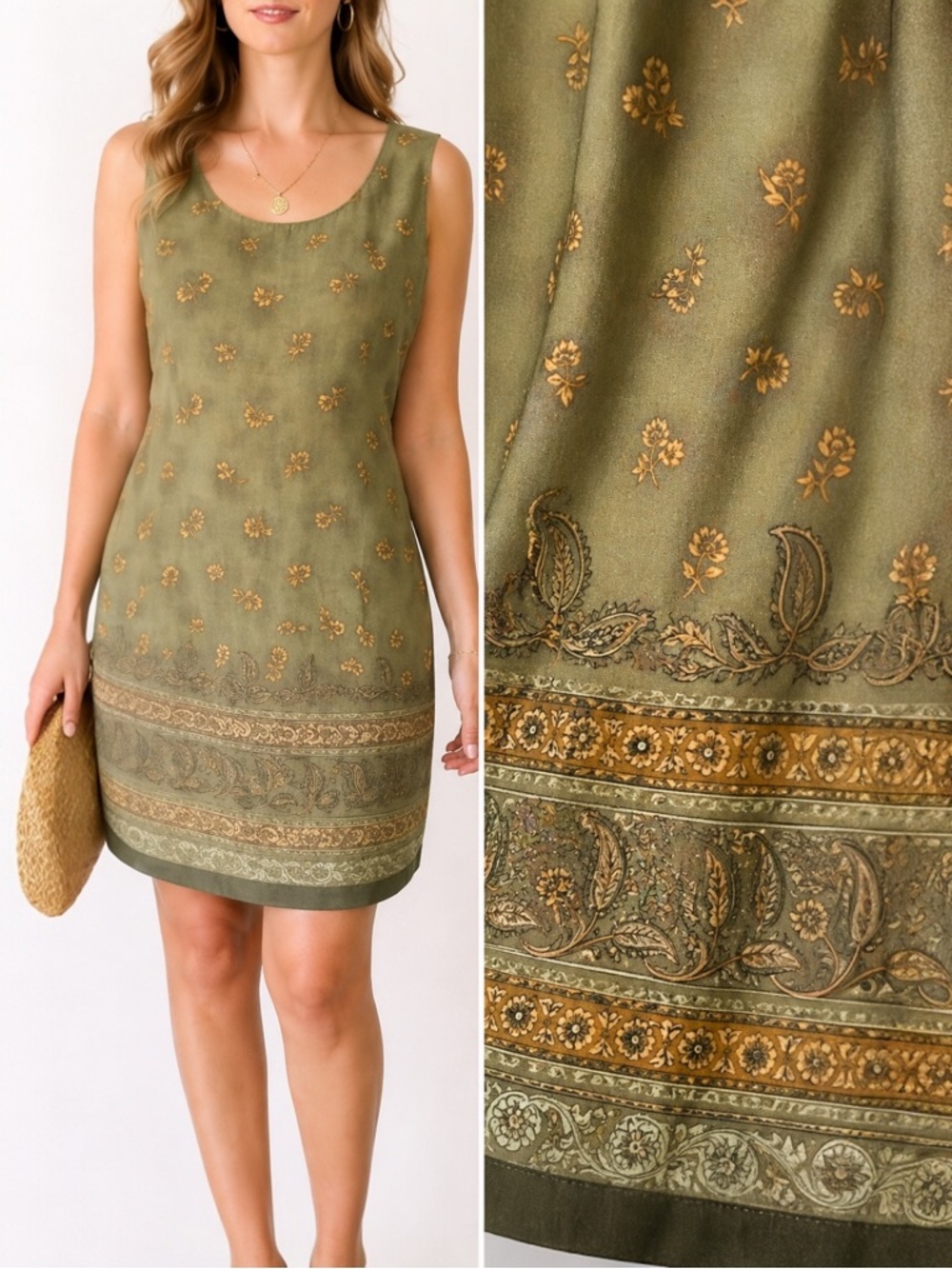 Vintage SAG HARBOR Olive Green Gold Floral Shift Dress L Boho Midi